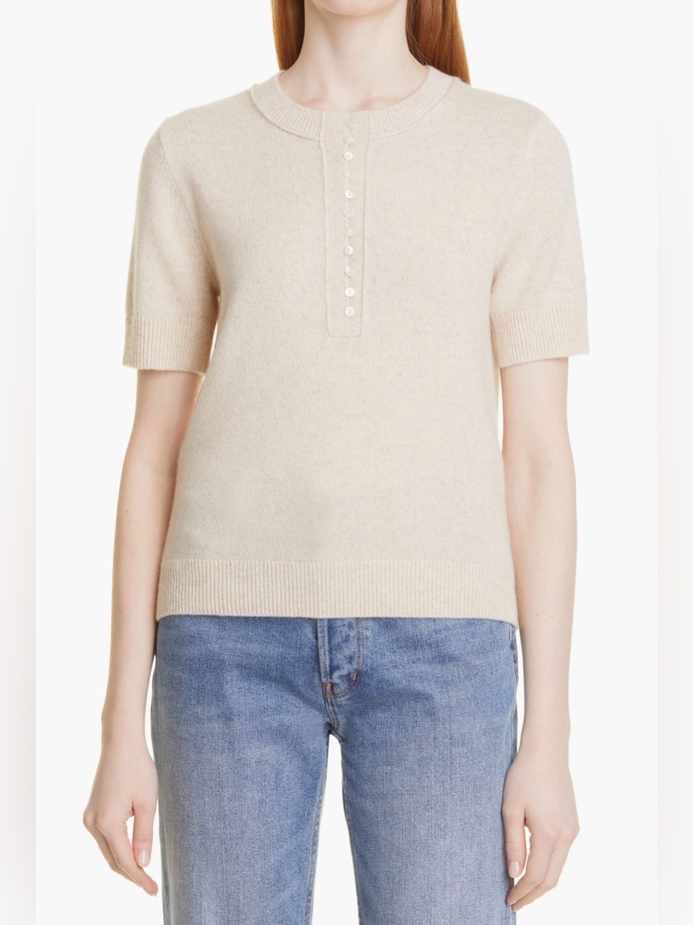 Club Monaco Short-Sleeve Cashmere Sweater in Light Beige